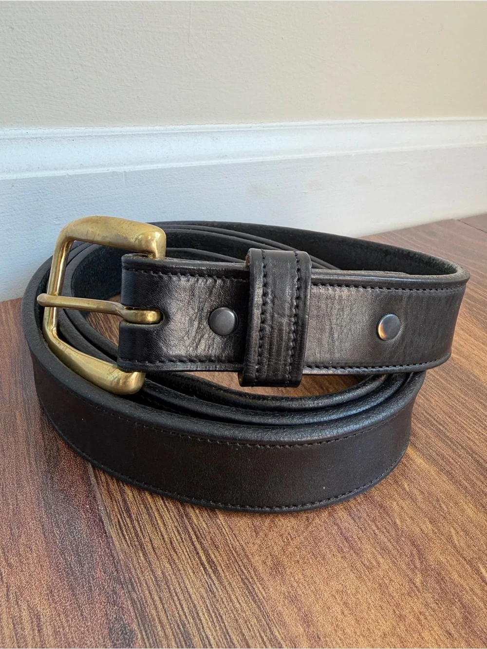 Tory English Bridle Leather Black Belt Gold Brass Hardware Mens 52 USA Made